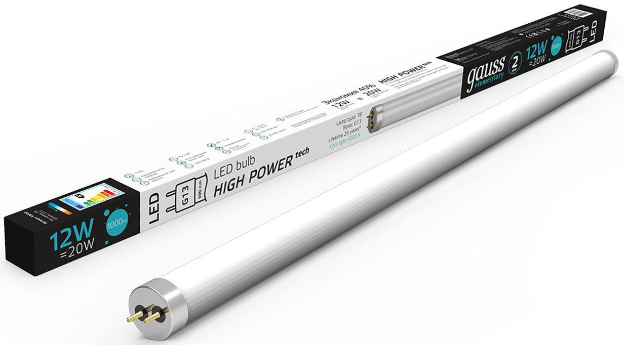 Лампа светодиодная Gauss Elementary 93022 12Вт цок.:G13 трубка 180B св.свеч.бел.нейт. (упак.:1шт)