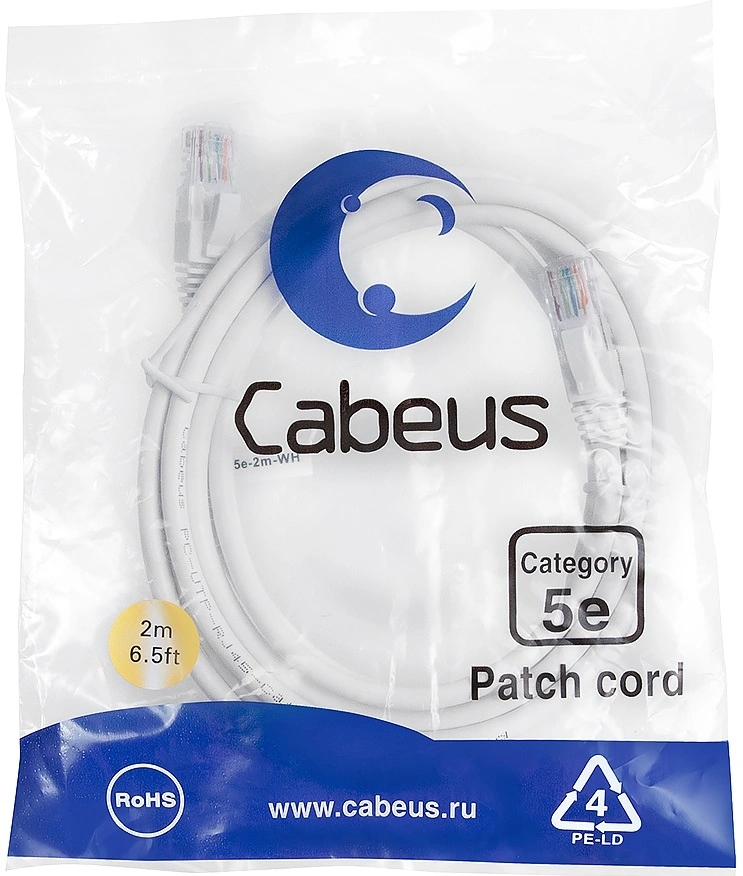 Патч-корд Cabeus PC-UTP-RJ45-CAT.5E-2M-WH U/UTP RJ-45 вил.-вилка RJ-45 кат.5E 2м белый ПВХ