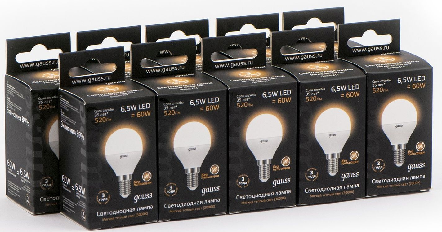 Лампа светодиодная Gauss 105101107 6.5Вт цок.:E14 шар 220B св.свеч.бел.теп. (упак.:10шт)