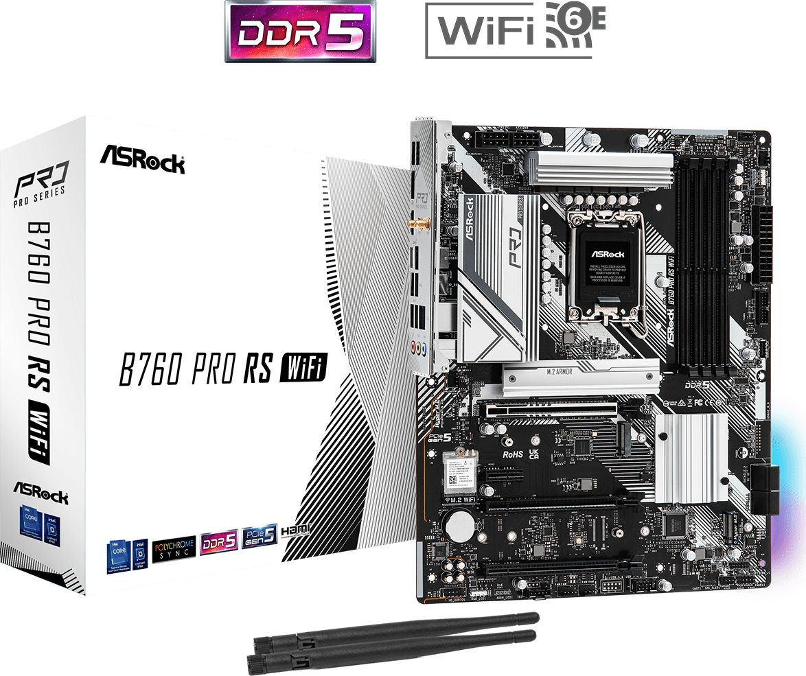 Материнская плата Asrock B760 PRO RS WIFI Soc-1700 Intel B760 4xDDR5 ATX AC`97 8ch(7.1) 2.5Gg RAID+HDMI+DP