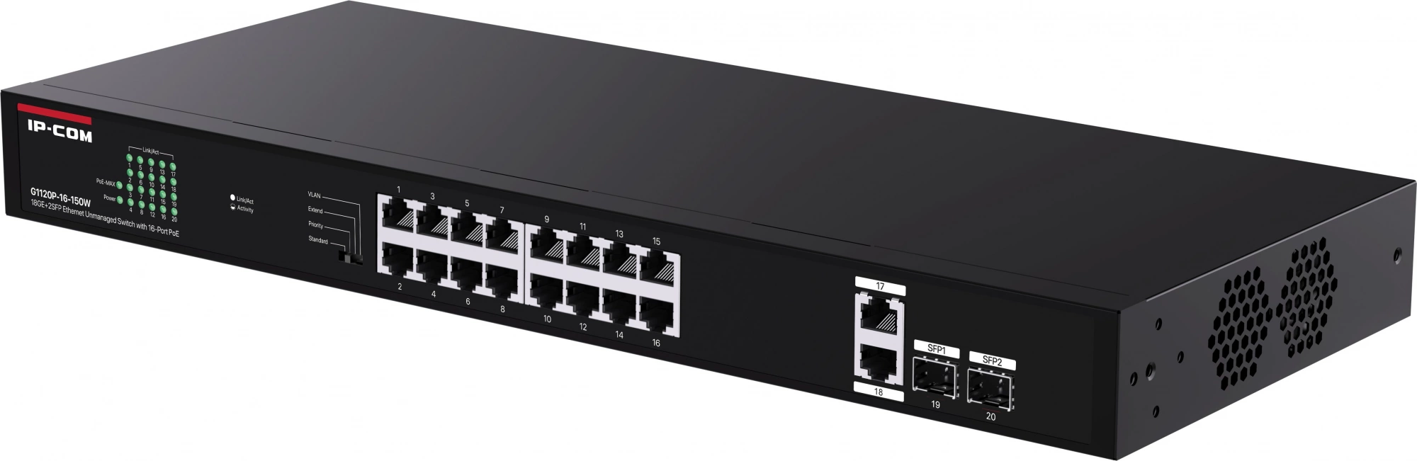 Коммутатор IP-Com G1120P-16-150W (L2) 20x1Гбит/с 2xКомбо(1000BASE-T/SFP) 2SFP 16PoE 135W неуправляемый