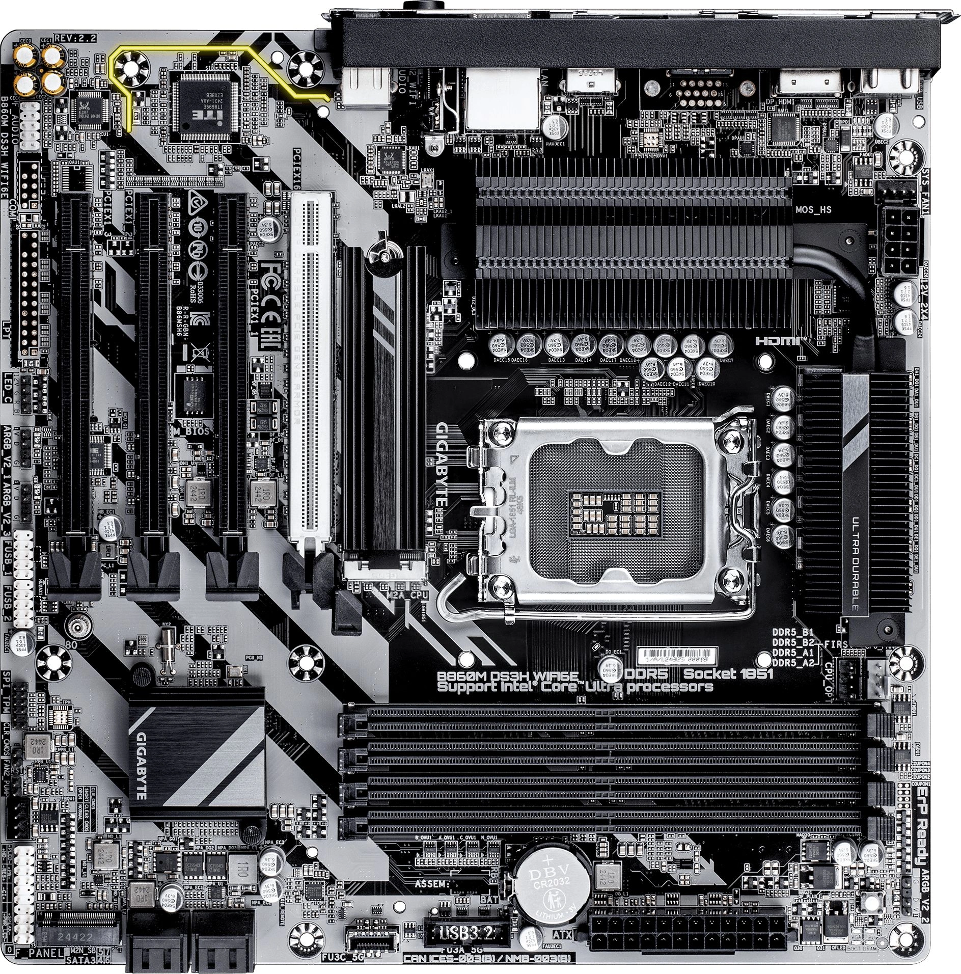 Материнская плата Gigabyte B860M DS3H WIFI6E Soc-1851 Intel B860 4xDDR5 mATX AC`97 8ch(7.1) 2.5Gg RAID+HDMI+DP