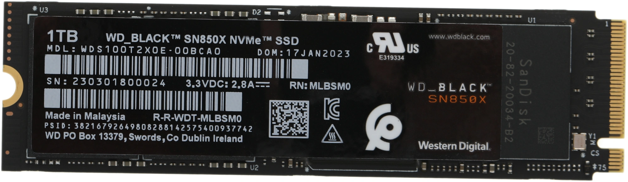 Накопитель SSD WD PCIe 4.0 x4 1TB WDS100T2X0E Black SN850X M.2 2280