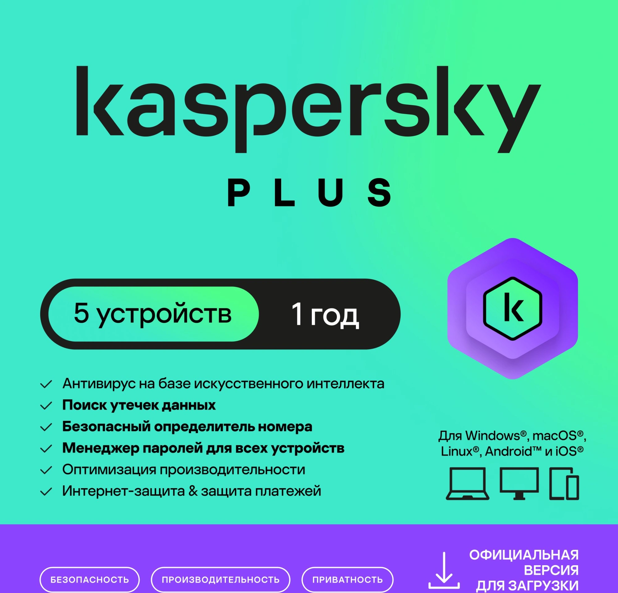 Ключ активации Kaspersky Plus + Who Calls Rus Edition 5-Device 1Y Base Download Pack (KL1050RDEFS)