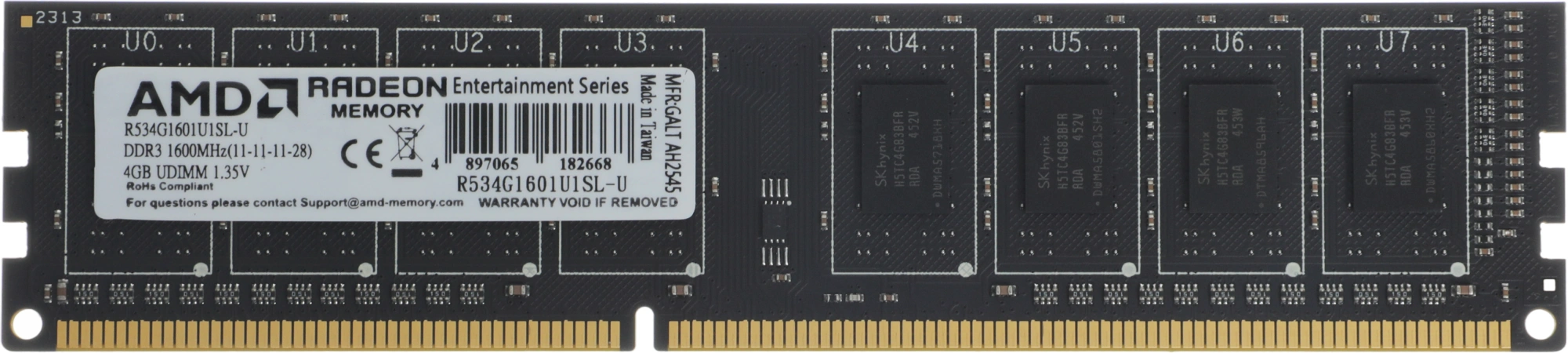 Память DDR3 4GB 1600MHz AMD R534G1601U1SL-U RTL PC3-12800 CL11 DIMM 240-pin 1.35В Ret