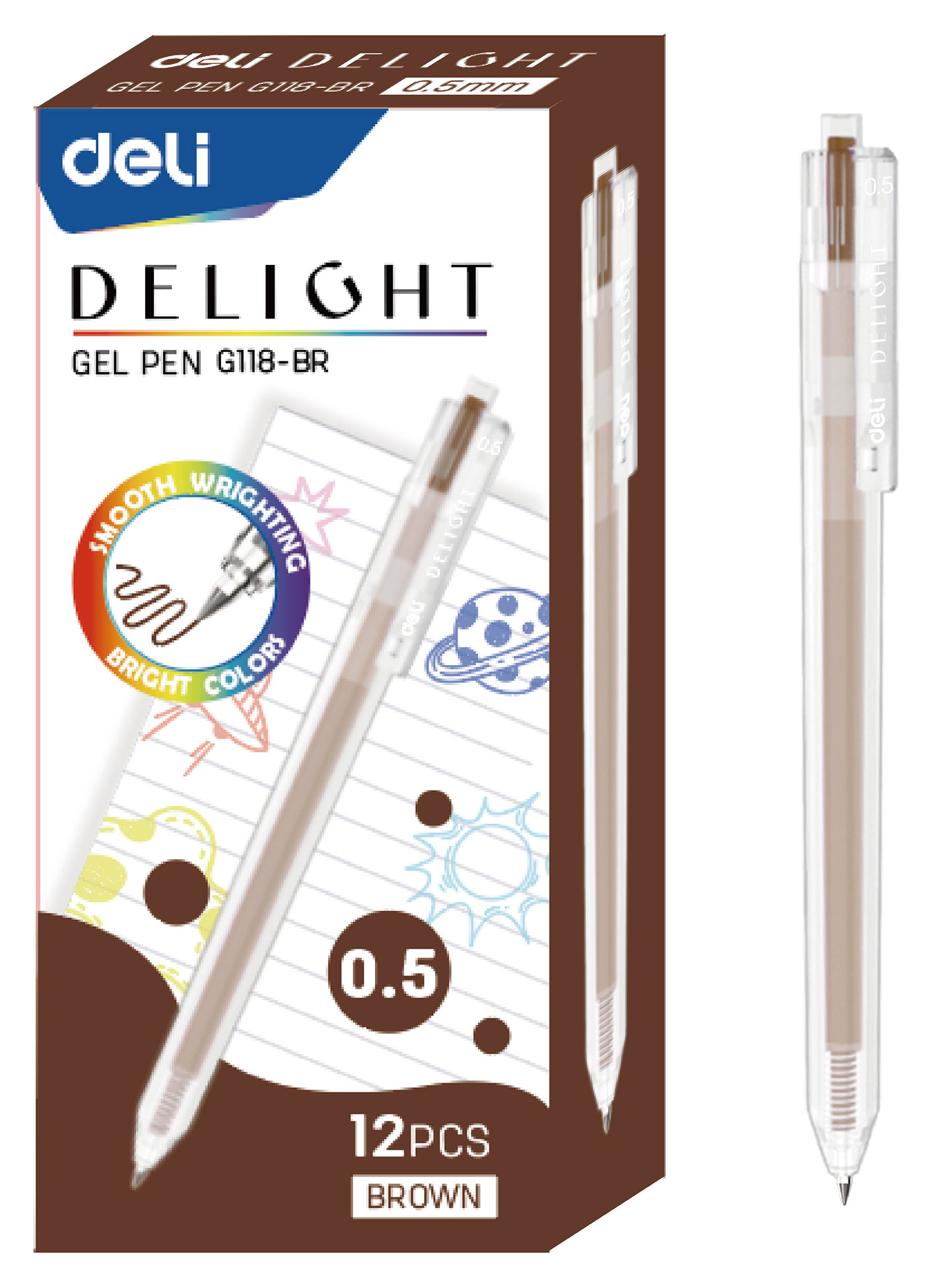 Ручка гелев. автоматическая Deli Delight EG118-BR прозрачный корич. черн. линия 0.5мм