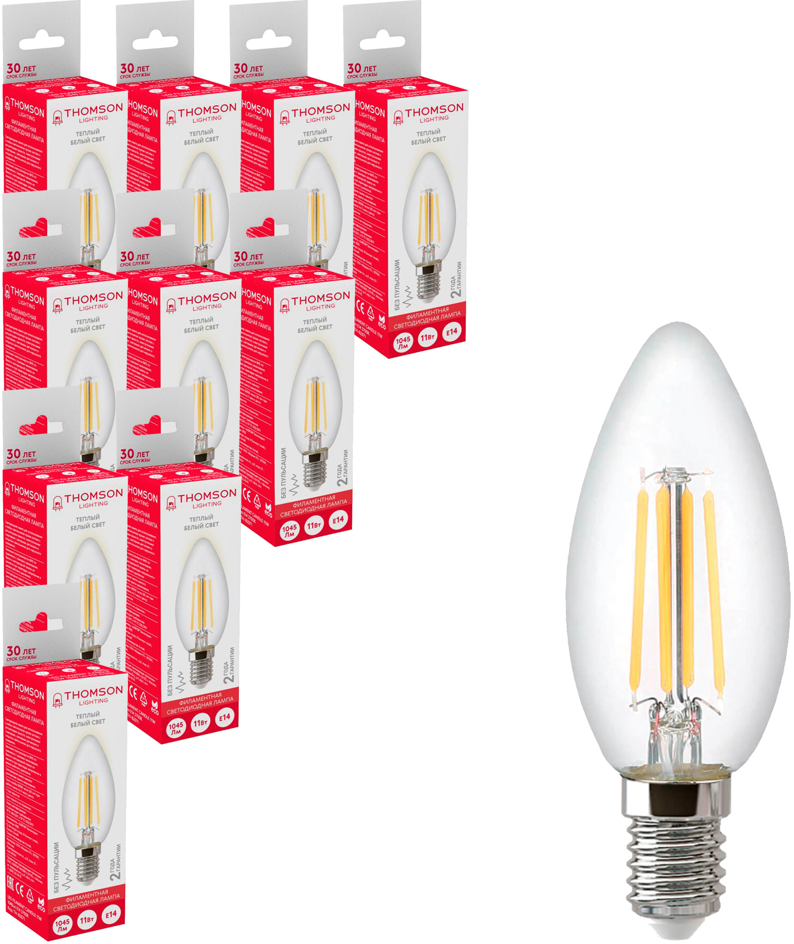 Лампа светодиодная Thomson Filament TH-B2071 11Вт цок.:E14 свеча 220B 2700K св.свеч.бел.теп. Candle (упак.:10шт) (TH-B2071-10)