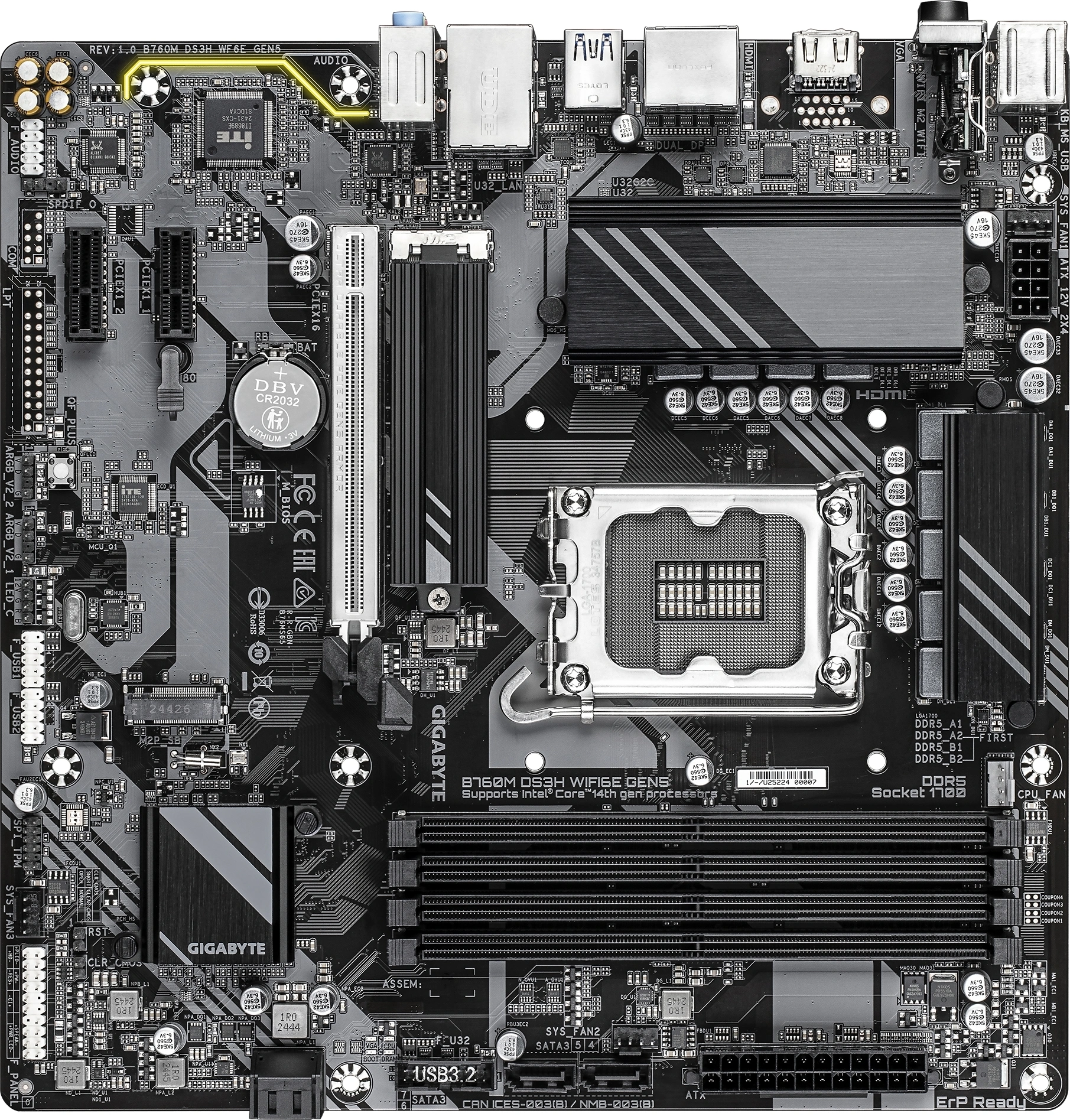 Материнская плата Gigabyte B760M DS3H WF6E GEN5 Soc-1700 Intel B760 4xDDR5 mATX AC`97 8ch(7.1) 2.5Gg RAID+HDMI+DP