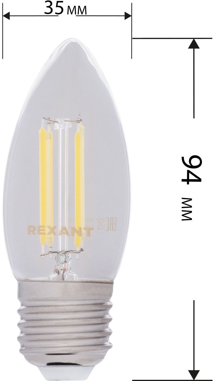 Лампа филам. Rexant 9.5Вт цок.:E27 свеча 220B 2400K св.свеч.бел.нейт. CN (упак.:10шт) (604-100)
