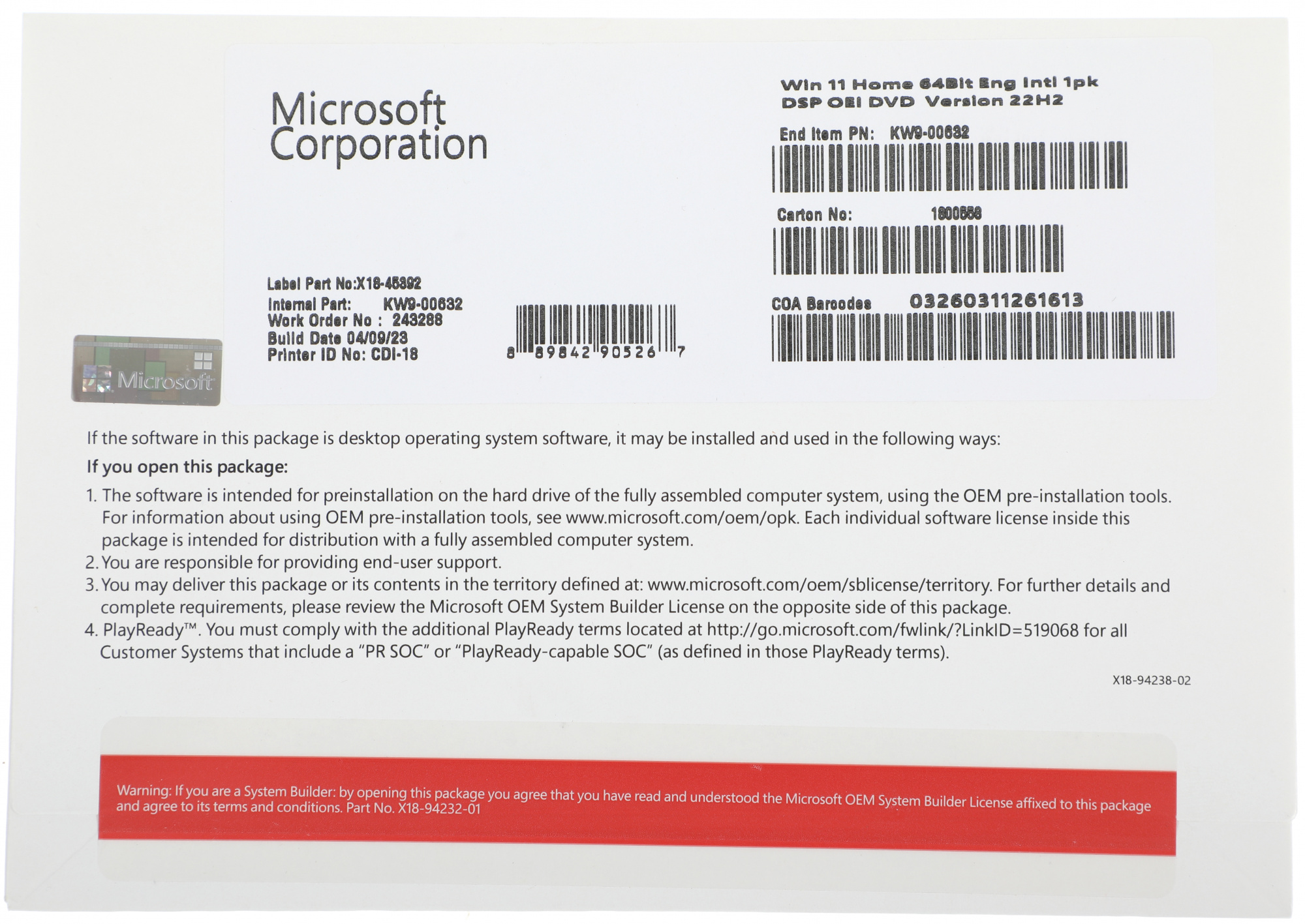 Операционная система Microsoft Windows 11 Home 64Bit Eng Intl 1pk DSP OEI DVD (KW9-00632)