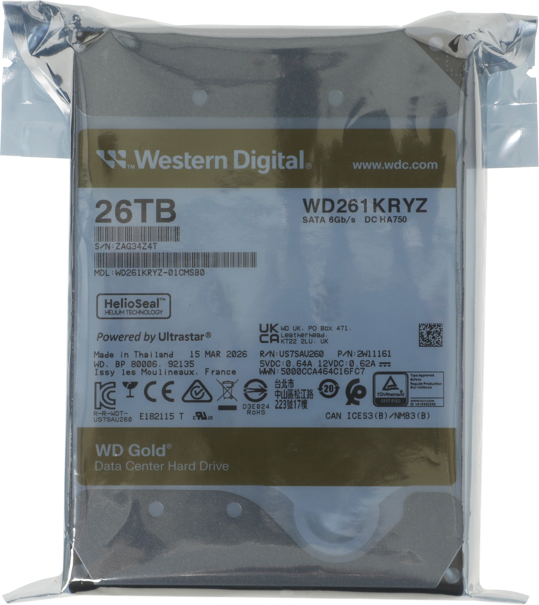 Жесткий диск WD SATA-III 26TB WD261KRYZ Server Gold 512E (7200rpm) 512Mb 3.5"