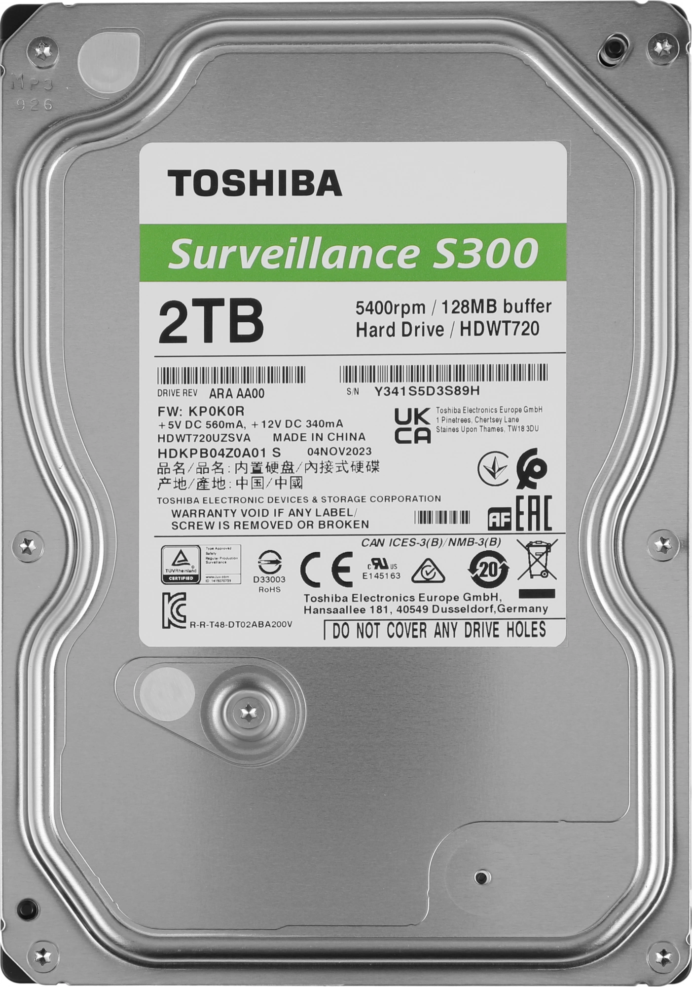 Жесткий диск Toshiba SATA-III 2TB HDWT720UZSVA Surveillance S300 (5400rpm) 128Mb 3.5"