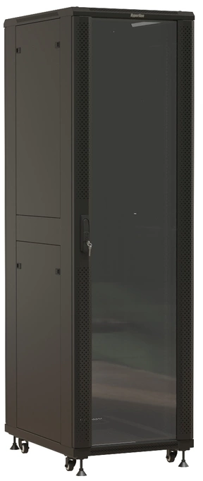 Шкаф серверный Hyperline (TTBR-4261-AS-RAL9004) напольный 42U 600x1000мм пер.дв.стекл задн.дв.спл.стал.лист 2 бок.пан. 800кг черный 910мм 128.2кг 2055мм IP20 сталь