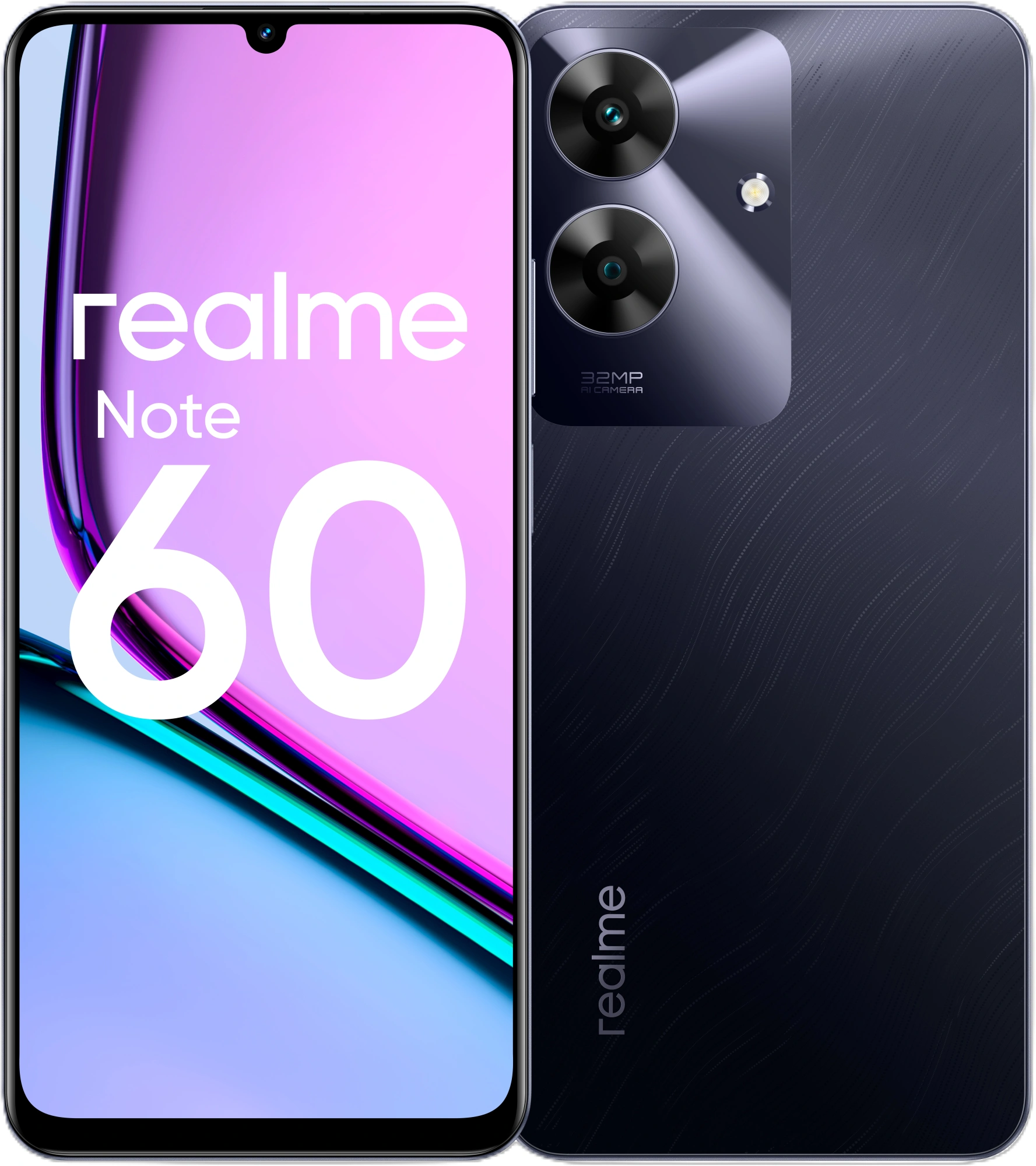 Смартфон Realme RMX3933 Note 60 128Gb 6Gb черный моноблок 3G 4G 2Sim 6.74" 720x1600 Android 14 32Mpix 802.11 a/b/g/n/ac GPS GSM900/1800 GSM1900 Protect A-GPS microSD max2048Gb