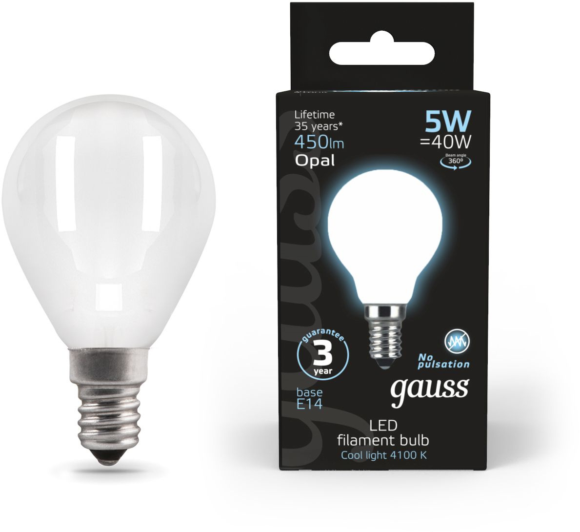 Лампа светодиодная Gauss Filament 5Вт цок.:E14 шар 220B св.свеч.бел.нейт. (упак.:1шт) (105201205)