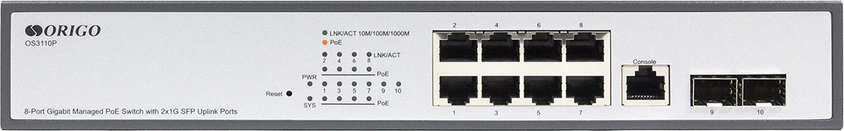 Коммутатор Origo OS3110P OS3110P/135W/A1A (L2) 8x1Гбит/с 2xКомбо(1000BASE-T/SFP) 2SFP 8PoE 8PoE+ 135W управляемый