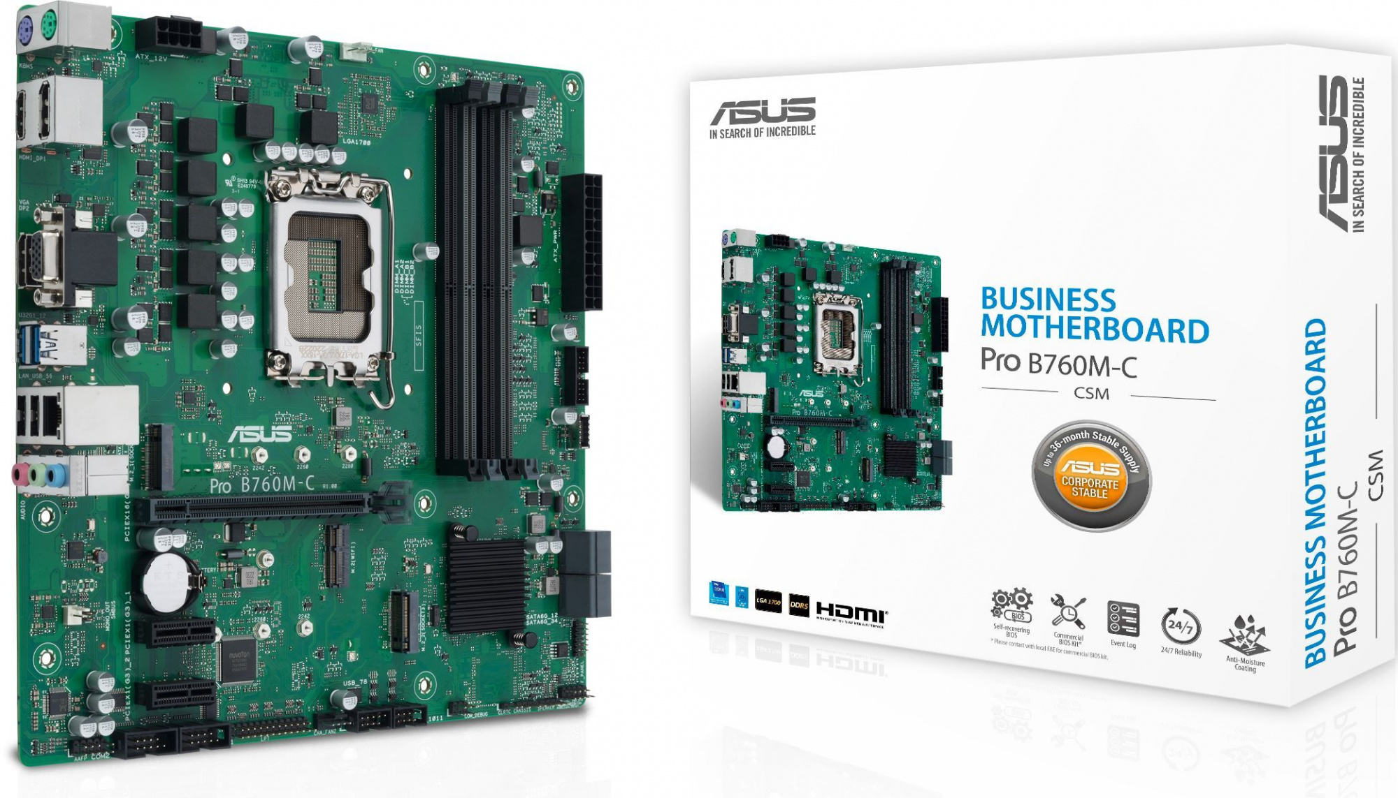 Материнская плата Asus PRO B760M-C-CSM Soc-1700 Intel B760 4xDDR5 mATX AC`97 8ch(7.1) GbLAN RAID+VGA+HDMI+DP