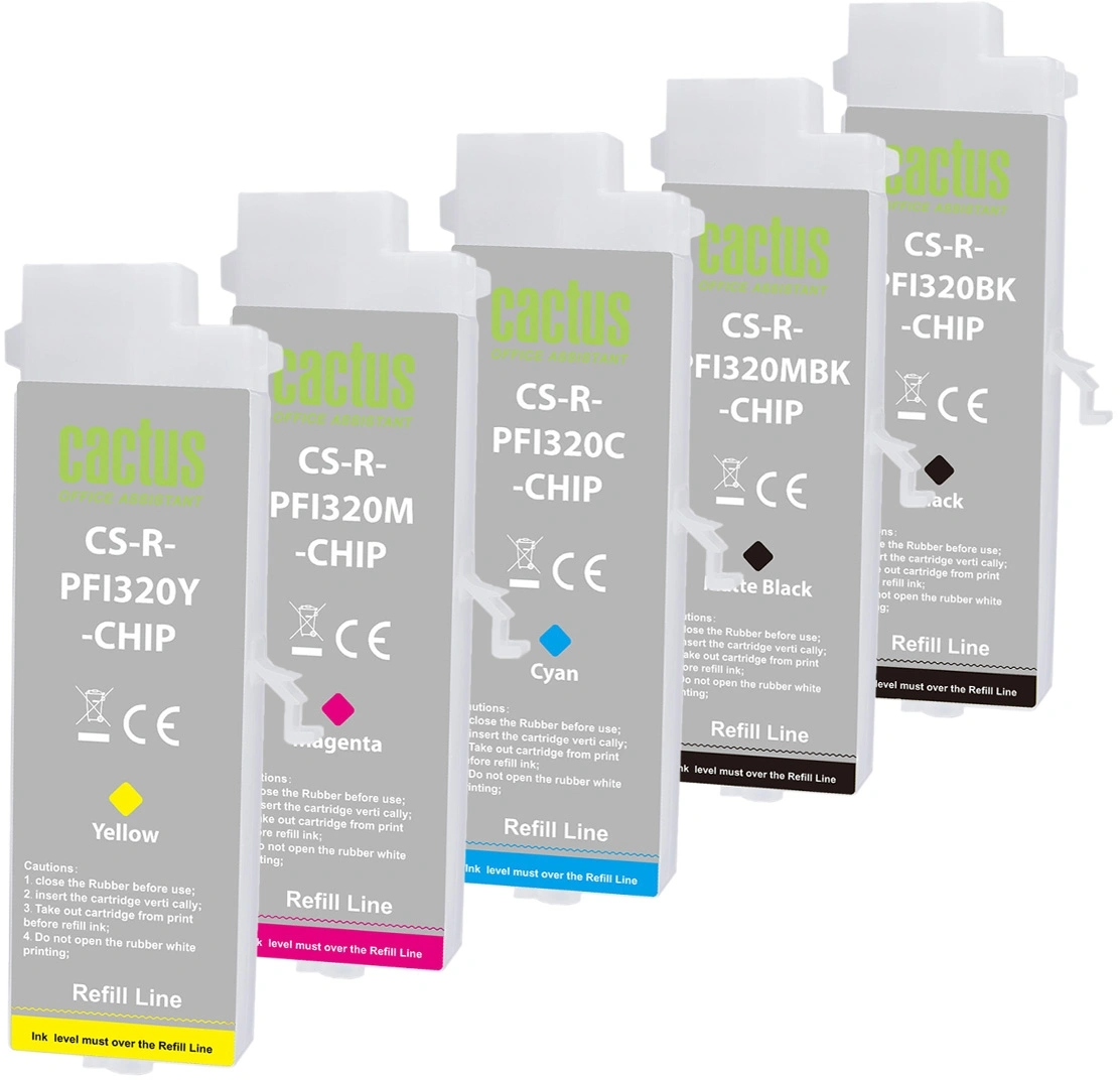 Картридж перезаправляемый струйный Cactus CS-R-PFI320SET-CHIP черный/черный матовый/голубой/желтый/пурпурный набор 5шт.упак. для Canon imagePROGRAF TM-200/200MFP/205/300/300MFP/305/250/255/350/355 с чипом