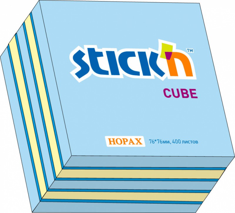Блок самоклеящийся бумажный Stick`n 21340 76x76мм 400лист. 70г/м2 неон+пастель голубой 3цв.в упак.