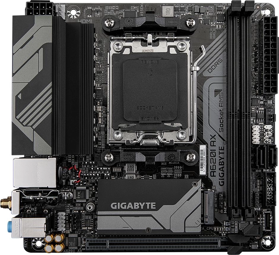 Материнская плата Gigabyte A620I AX SocketAM5 AMD A620 2xDDR5 mini-ITX AC`97 8ch(7.1) 2.5Gg RAID+HDMI+DP