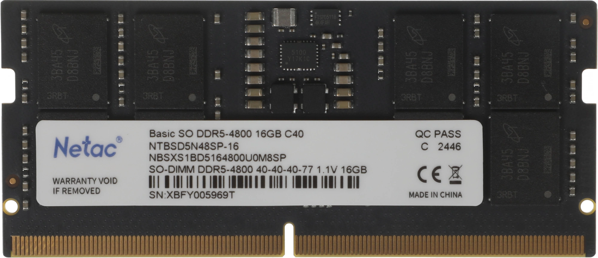 Память DDR5 16GB 4800MHz Netac NTBSD5N48SP-16 Basic RTL Gaming PC5-38400 CL40 SO-DIMM 262-pin 1.1В original Intel Ret