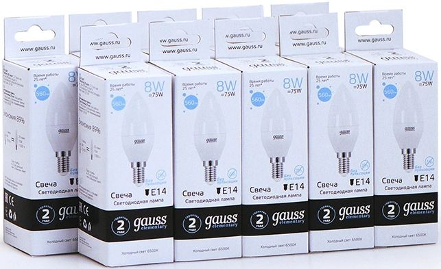 Лампа светодиодная Gauss Elementary 8Вт цок.:E14 свеча 220B св.свеч.бел.хол. C37 (упак.:10шт) (33138)