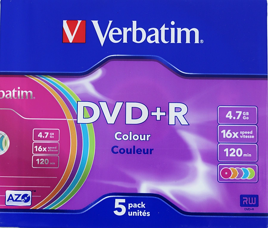 Диск DVD+R Verbatim 4.7Gb 16x Slim case (5шт) Color (43556)