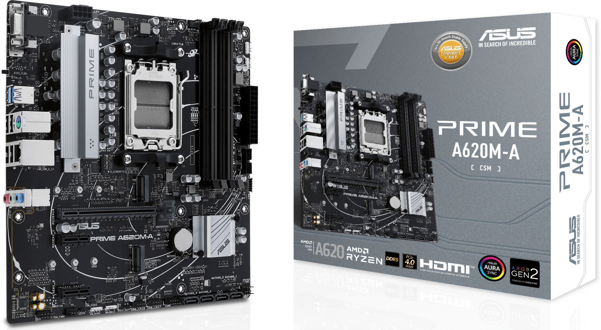Материнская плата Asus PRIME A620M-A-CSM SocketAM5 AMD A620 4xDDR5 mATX AC`97 8ch(7.1) GbLAN RAID+VGA+HDMI+DP