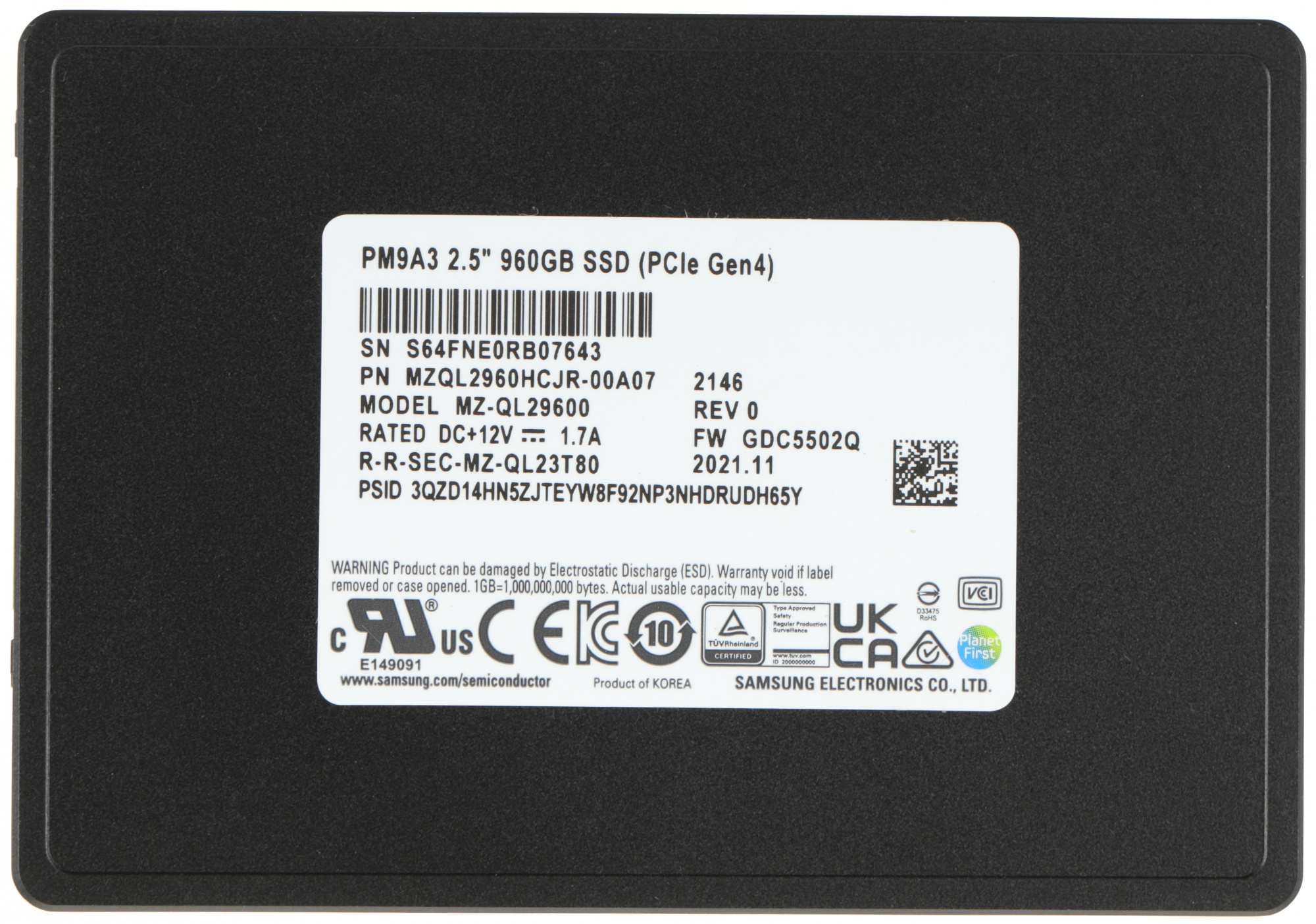 Накопитель SSD Samsung PCIe 4.0 x4 960GB MZQL2960HCJR-00A07 PM9A3 1 DWPD
