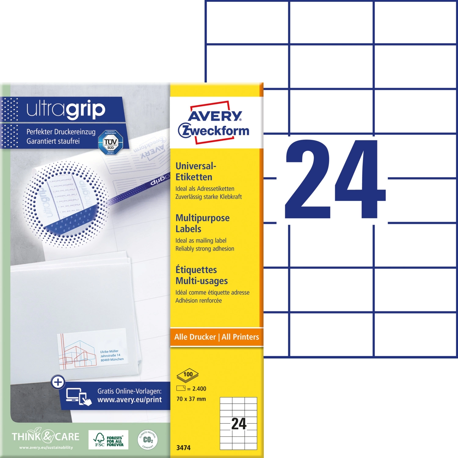 Этикетки Avery Zweckform 3474 A4 70x37мм 24шт на листе/70г/м2/100л./белый матовое самоклей. универсальная