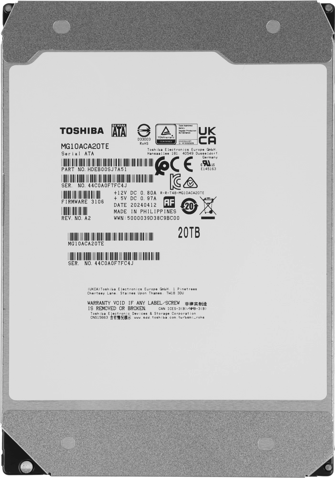 Жесткий диск Toshiba SATA-III 20TB MG10ACA20TE Server Enterprise Capacity 512E (7200rpm) 512Mb 3.5"