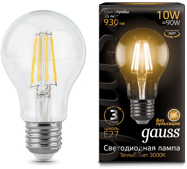 Лампа филам. Gauss Filament A60 10Вт цок.:E27 груша 220B св.свеч.бел.теп. (упак.:1шт) (102802110)