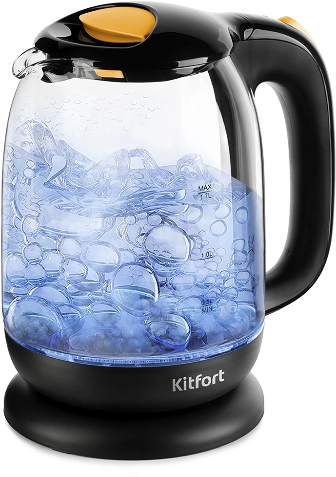 Чайник электрический Kitfort КТ-625-4 1.7л. 2200Вт черный/желтый корпус: стекло/пластик