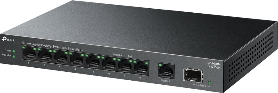 Коммутатор TP-Link LS1210GP (L2) 9x1Гбит/с 1SFP 8PoE 61W неуправляемый Коммутатор TP-Link LS1210GP (L2) 9x1Гбит/с 1SFP 8PoE 61W неуправляемый