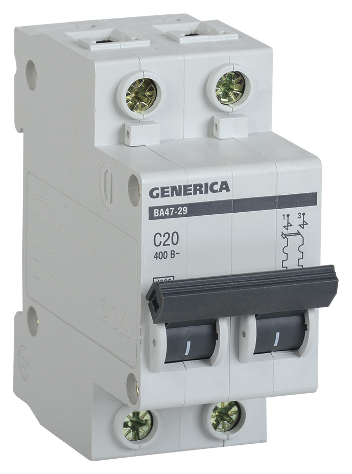 Выключатель автоматический IEK MVA25-2-020-C Generica 20A тип C 4.5kA 2П 400В 2мод серый (упак.:1шт)