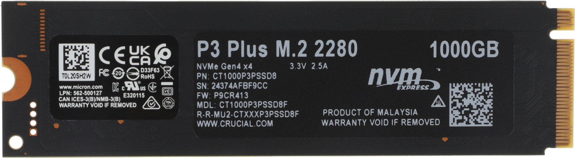 Накопитель SSD Crucial PCIe 4.0 x4 1TB CT1000P3PSSD8 P3 Plus M.2 2280