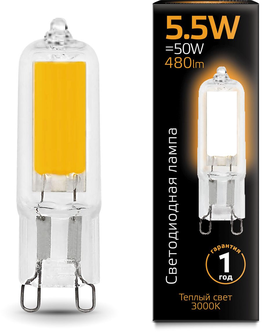 Лампа светодиодная Gauss G9 5.5Вт цок.:G9 капсул. 220B 3000K св.свеч.бел.теп. (упак.:10шт) (107809105)
