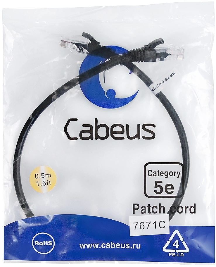 Патч-корд Cabeus PC-UTP-RJ45-Cat.5e-0.5m-BK-LSZH U/UTP RJ-45 вил.-вилка RJ-45 кат.5E 0.5м черный LSZH