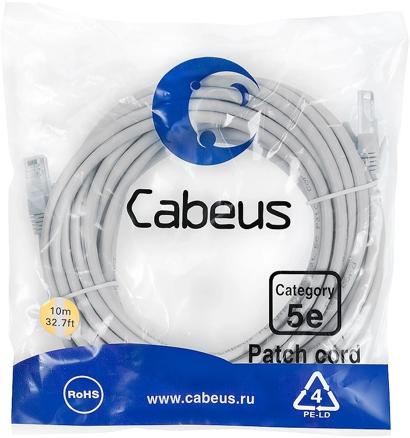 Патч-корд Cabeus PC-UTP-RJ45-CAT.5E-10M U/UTP RJ-45 вил.-вилка RJ-45 кат.5E 10м серый ПВХ