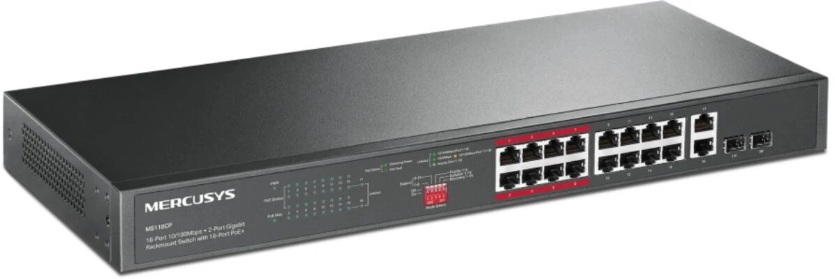 Коммутатор Mercusys MS118CP (L2) 16x100Мбит/с 2x1Гбит/с 2xКомбо(1000BASE-T/SFP) 16PoE+ 190W неуправляемый Коммутатор Mercusys MS118CP (L2) 16x100Мбит/с 2x1Гбит/с 2xКомбо(1000BASE-T/SFP) 16PoE+ 190W неуправляемый