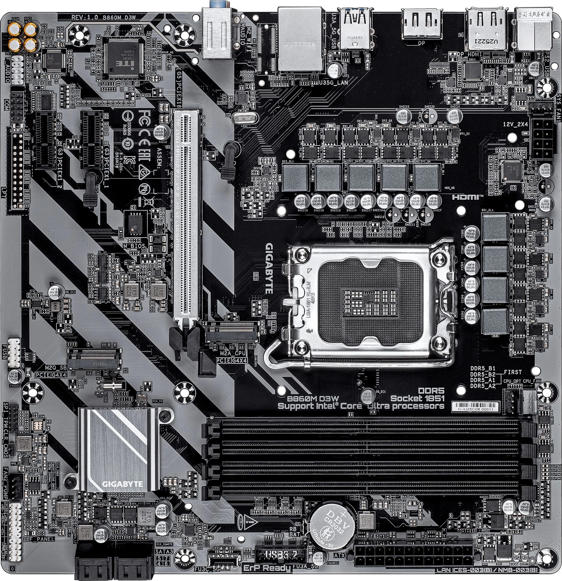 Материнская плата Gigabyte B860M D3W Soc-1851 Intel B860 4xDDR5 mATX AC`97 8ch(7.1) GbLAN RAID+HDMI+DP