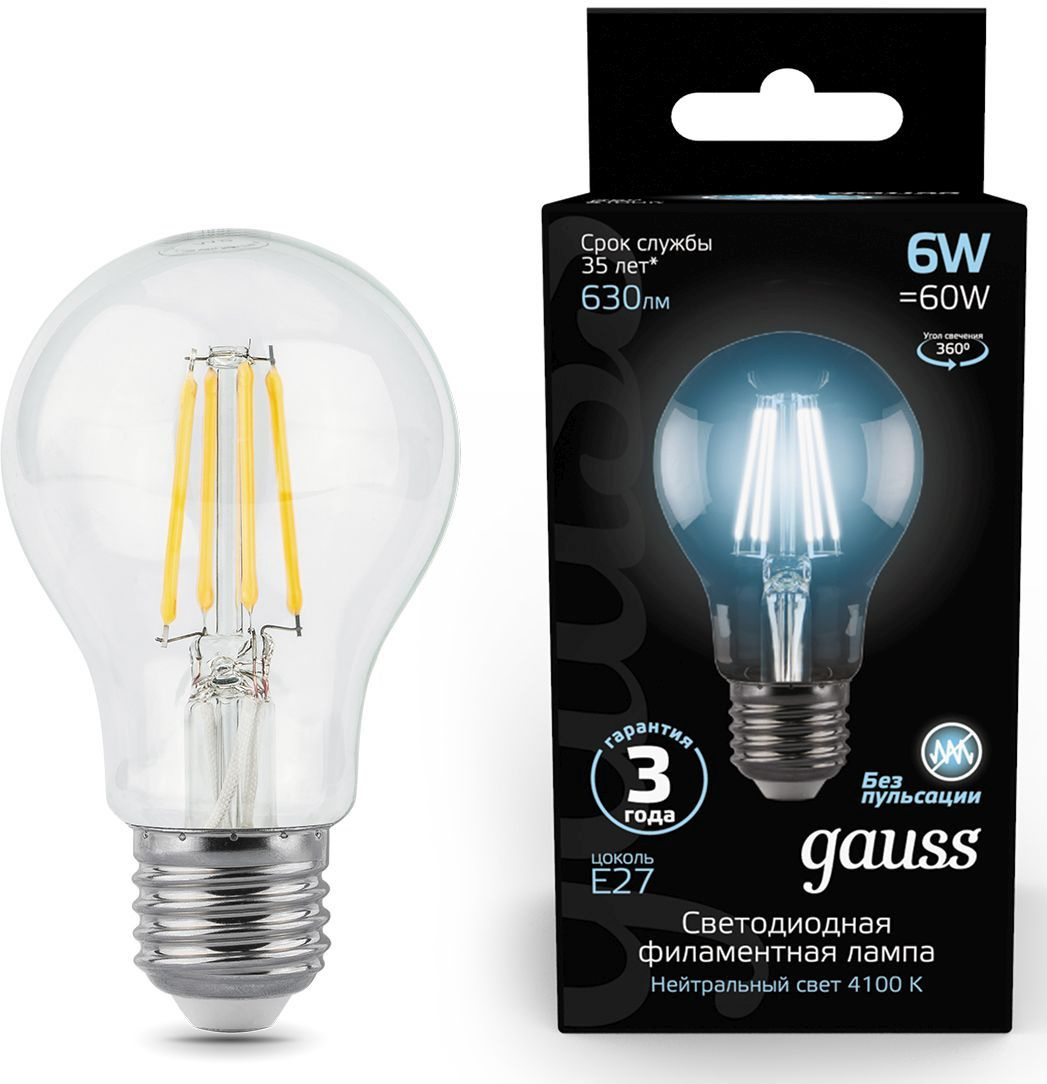 Лампа филам. Gauss Filament A60 6Вт цок.:E27 груша 220B св.свеч.бел.нейт. (упак.:1шт) (102802206)