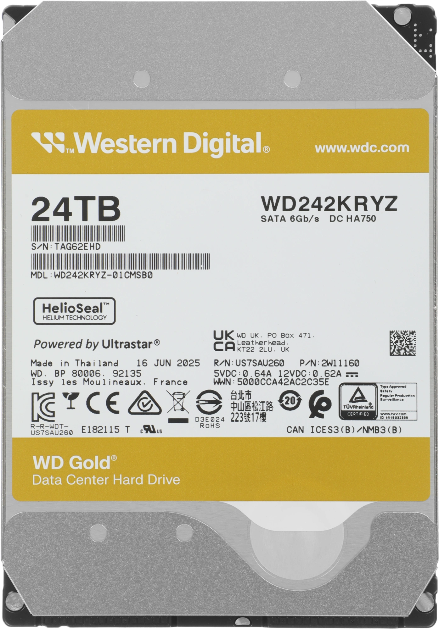 Жесткий диск WD SATA-III 24TB WD242KRYZ Server Gold 512E (7200rpm) 512Mb 3.5"