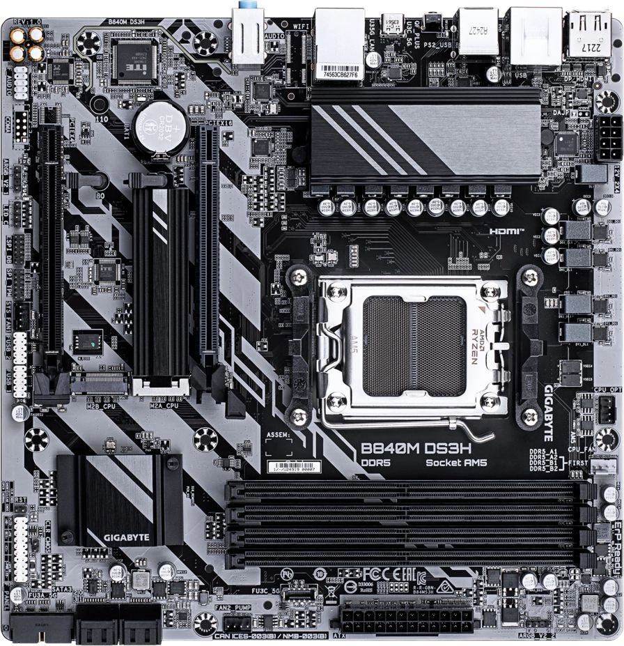 Материнская плата Gigabyte B840M DS3H SocketAM5 AMD B840 4xDDR5 mATX AC`97 8ch(7.1) 2.5Gg RAID+HDMI+DP