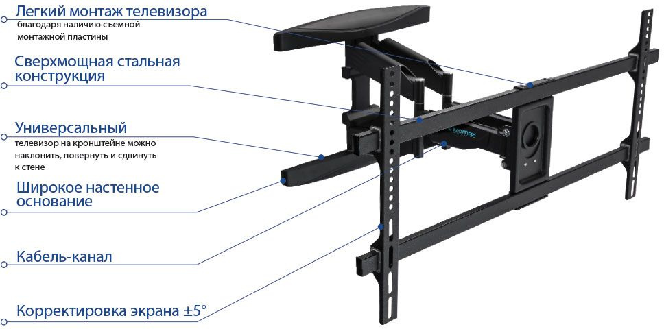 Кронштейн для телевизора Kromax ATLANTIS-65 черный 40"-90" макс.45кг настенный поворотно-выдвижной и наклонный