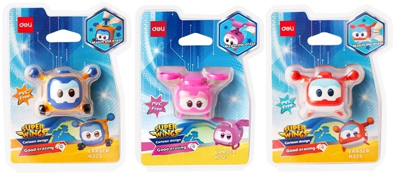 Ластик Deli EH325 Super Wings 40x30x30мм резина термопластичная ассорти блистер с европодвесом
