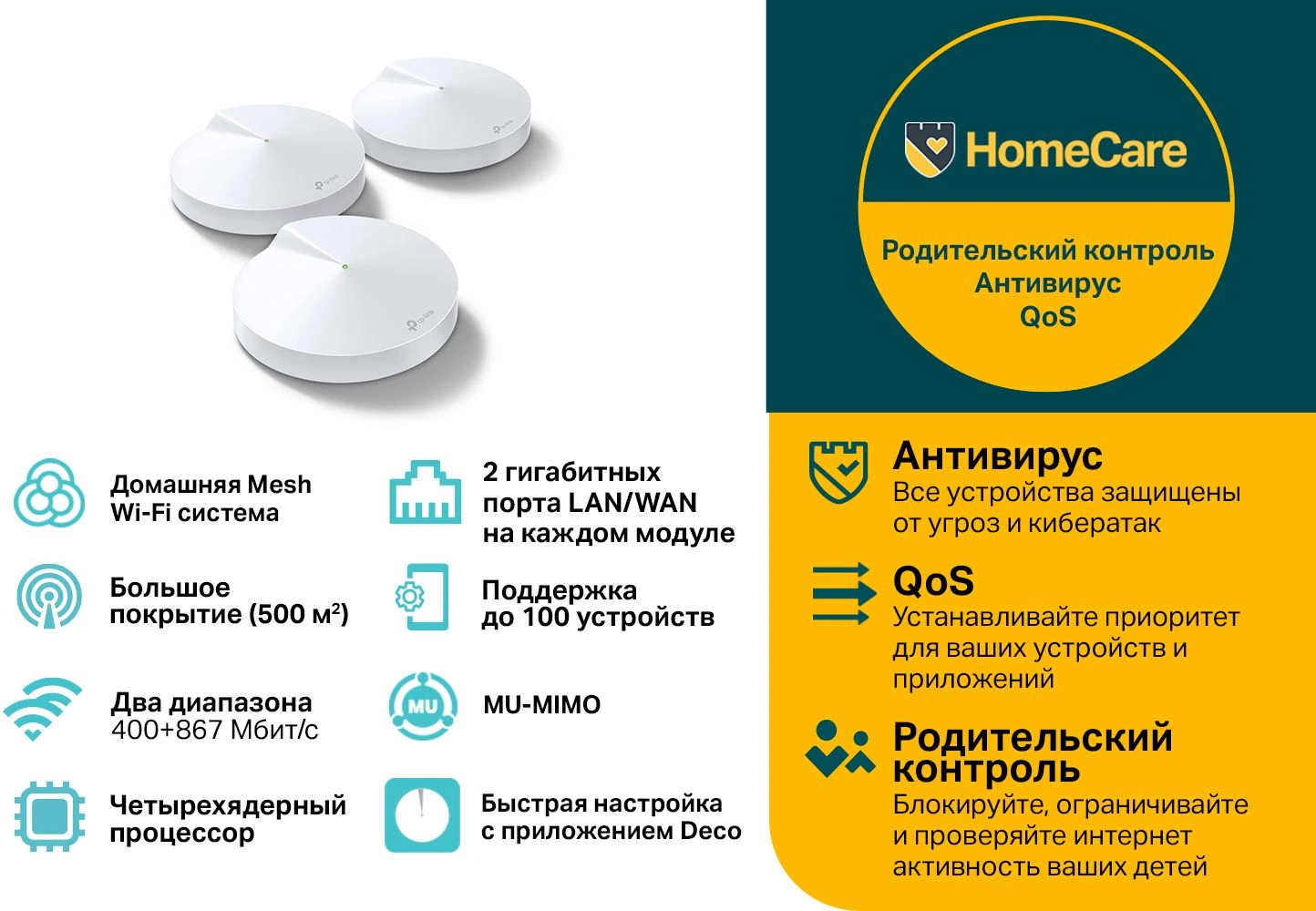 Бесшовный Mesh роутер TP-Link Deco M5 (DECO M5(3-PACK)) AC1300 10/100/1000BASE-TX белый (упак.:3шт)