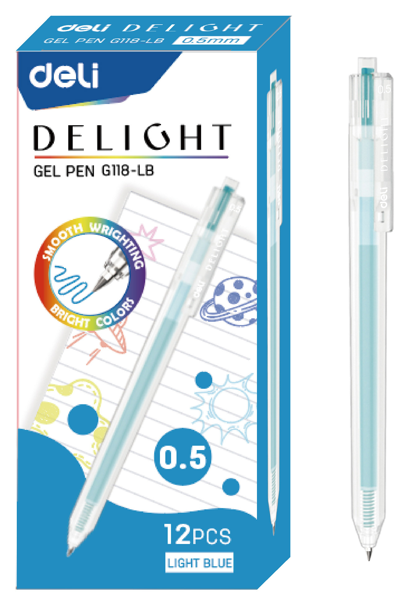 Ручка гелев. автоматическая Deli Delight EG118-LB прозрачный св.син. черн. линия 0.5мм