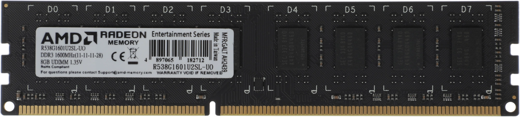 Память DDR3L 8GB 1600MHz AMD R538G1601U2SL-UO OEM PC3-12800 CL11 DIMM 240-pin 1.35В OEM