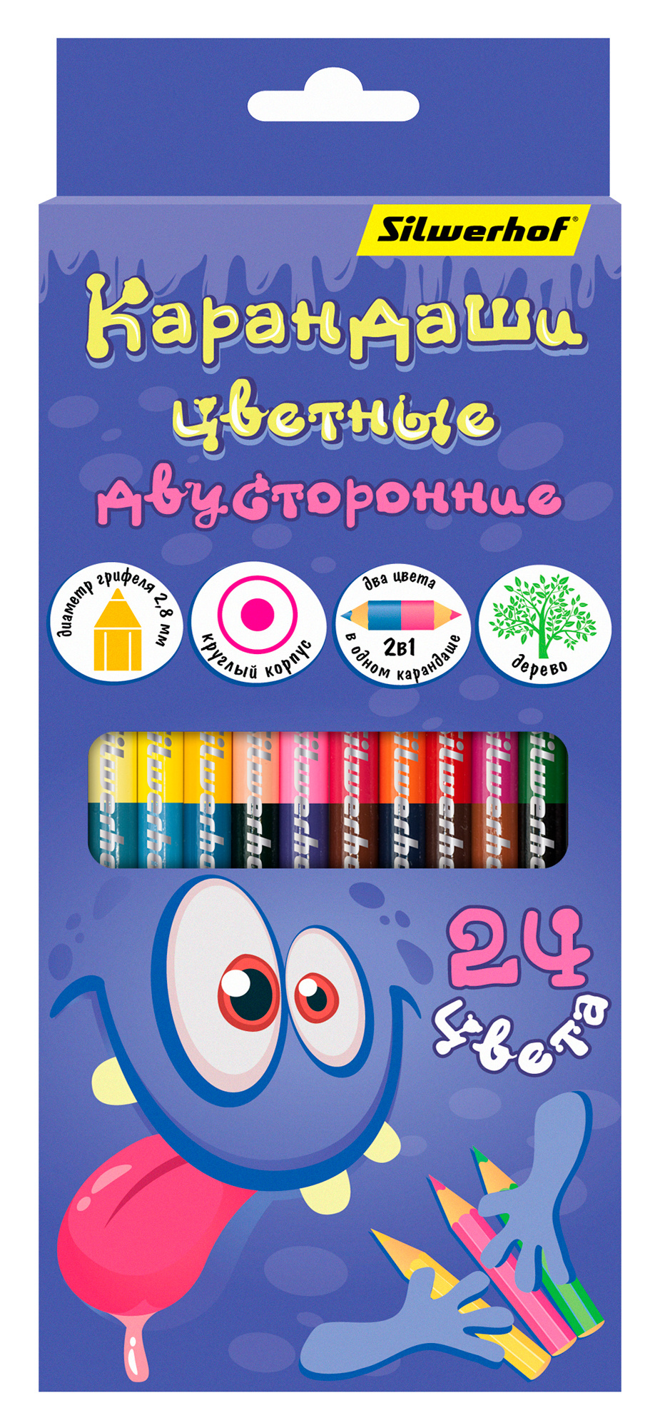 Карандаши цв. Silwerhof Монстрики двухцвет. 2.8мм кругл. дерево ассорти 24цв. коробка/европод. (12шт)